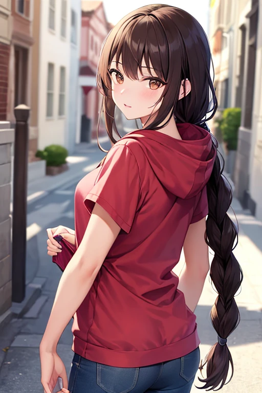((best quality)), ((masterpiece)), (detailed), perfect face, 1girl, brunette hair, extremely long braid, T-shirt, baggy jeans, long baggy hoodie, brown eyes, street, looking back at viewer