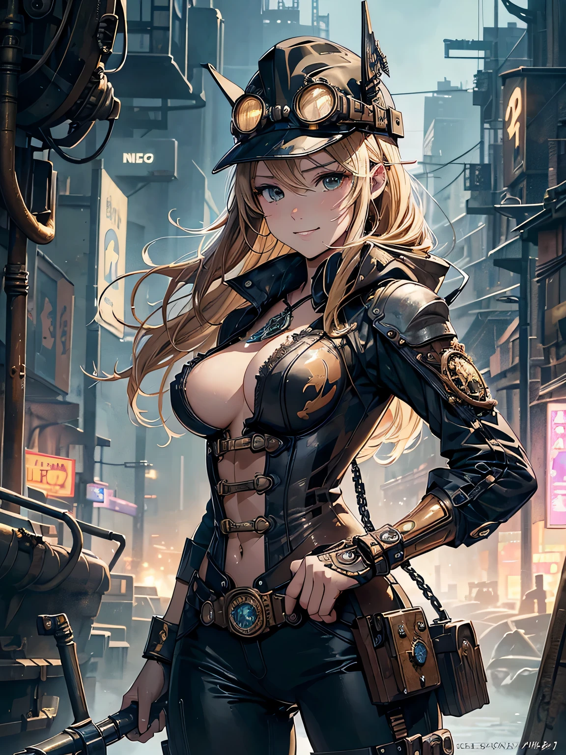 (comic book style),(line drawing_anime),(cowboy shot, highest quality, ),(Laura Budd Photos:1.2),(Laura Add Details:1.0),8K, flat color:0.8,1 girl,smile、(Steampunk bike ride 1.5)、Exquisitely decorated motorcycle、(Highly decorative and complex mechanical steampunk fashion, lace flare dolphin hat、goggles 1.5、machinery background、Gear background、Intricately mechanized steampunk cityscape 1.5),