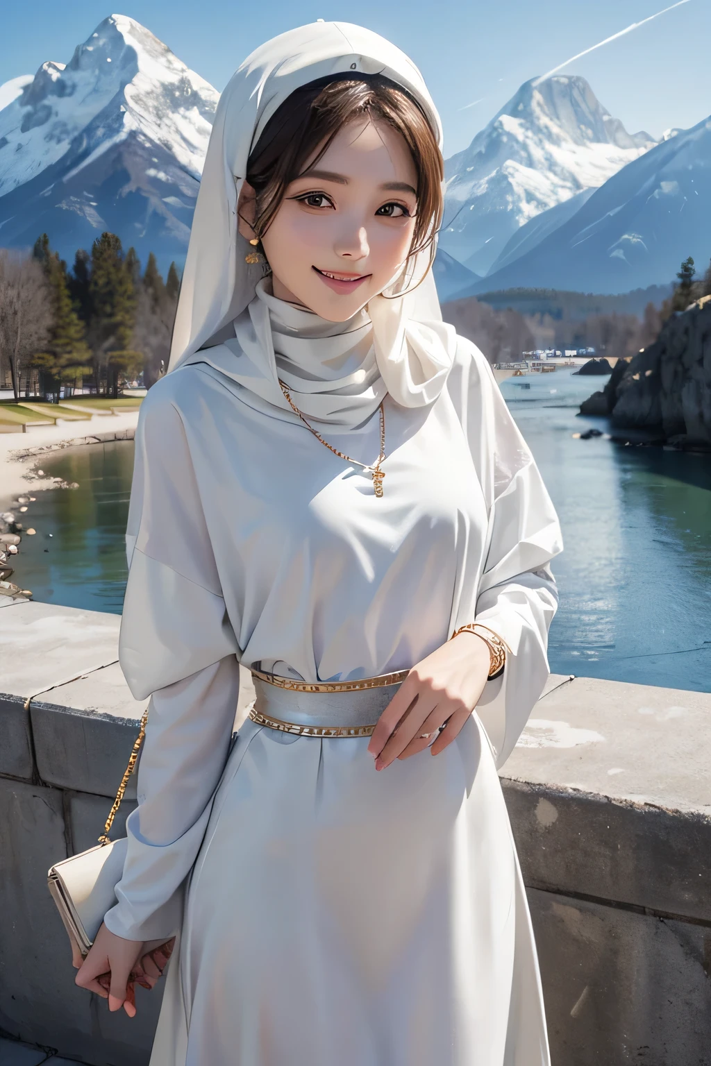 1 Girl, Beautiful, Russian Baby Face, 20 Years Old, White Skin, ((Sleeveless)), White Hijab Muslim Outfit, Top of The Mountain Background, ((wind:1.5)), Smile, Pose, ((adorable:1.1)), ((masterpiece:1.1)), ((bokeh:1.3)), Sexy Look, Cute Makeup
