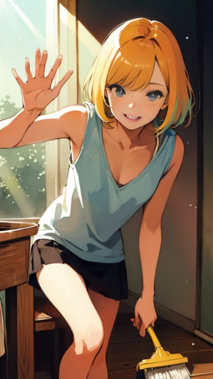 masterpiece, best quality, 2girls, (closeup1.3), 18yo teen, slim, small breast, short lskirt, cleaning a room, lode, smile, colorfull, desolate, sunny, (sun rays:1.3), watercolor,