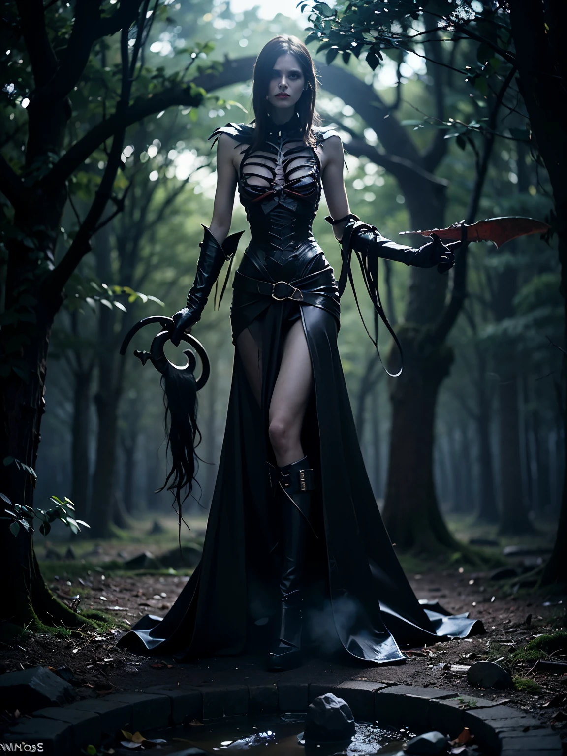 (best quality, ultra-detailed, realistic:1.37), death god, dark atmosphere, intricate skeletal structures, ethereal glow, flowing black cloak, immense scythe, empty eye sockets, skeletal hands, ominous presence, dramatic lighting, misty background, supernatural powers, haunting expression, chilling aura, spectral presence, foreboding vibe, otherworldly beauty, elaborate craftsmanship, sinuous ribbons, elusive essence, macabre elegance, spectral creatures, hauntingly beautiful, eternal guardian, transcendental being, eerie silence, bone-chilling power, hauntingly realistic, sinister energy, gothic aesthetics, mysterious atmosphere, ethereal realm, menacing presence, souls floating, enigmatic figure, hauntingly captivating, shadowy visage, eternal darkness, sorrowful whispers