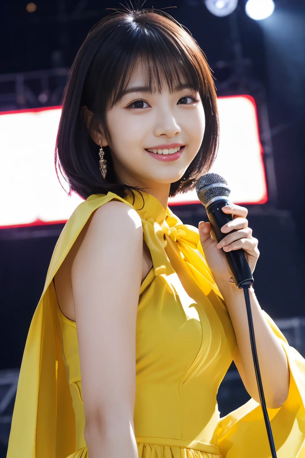 
1 girl, (Wearing a bright yellow idol costume:1.2), Photo collection of very beautiful Japanese idols, 
(Raw photo, highest quality), (realistic, Photoreal:1.4), (masterpiece), 
very delicate and beautiful, very detailed, 2k wallpaper, wonderful, finely, very detailed CG Unity 8K 壁紙, Super detailed, High resolution, soft light, 
beautiful detailed girl, very detailed目と顔, beautifully detailed nose, finelyて美しい目, cinematic lighting, 
(idol concert:1.4), (The background is a stage:1.3),
(short hair),
complete anatomy, slender body, small, smile