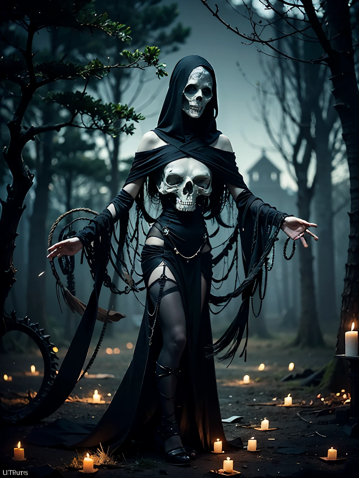 (best quality, ultra-detailed, realistic:1.37), death god, dark atmosphere, intricate skeletal structures, ethereal glow, flowing black cloak, immense scythe, empty eye sockets, skeletal hands, ominous presence, dramatic lighting, misty background, supernatural powers, haunting expression, chilling aura, spectral presence, foreboding vibe, otherworldly beauty, elaborate craftsmanship, sinuous ribbons, elusive essence, macabre elegance, spectral creatures, hauntingly beautiful, eternal guardian, transcendental being, eerie silence, bone-chilling power, hauntingly realistic, sinister energy, gothic aesthetics, mysterious atmosphere, ethereal realm, menacing presence, souls floating, enigmatic figure, hauntingly captivating, shadowy visage, eternal darkness, sorrowful whispers