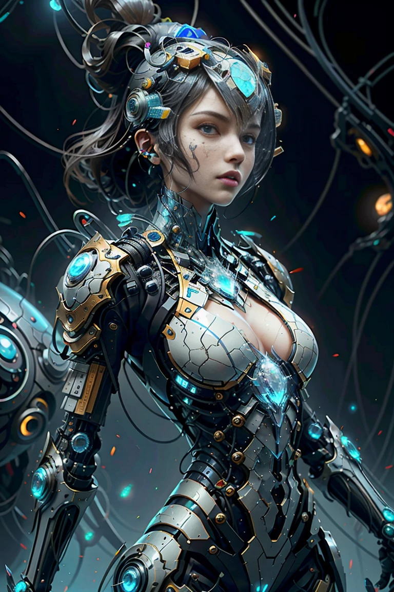 (best quality,4k,8k,highres,masterpiece:1.37), ultra-detailed, (realistic,photorealistic,photo-realistic:1.37), (aerial view), (top down perspective), 1woman, (the foreground is a woman pulling a video game cartridge out of a futuristic artifact box full of video game cartridges:1.6), (the woman is looking down:1.4), (Futuristic artifact box), (the artifact box is open), (The scene unfolds inside a mystical cavern:1.4), robot joints, mecha, fractal_body, (The woman is wearing a biomechanical suit, made with glass details, covering her entire body:1.5), gatchaman, (She has a helmet glass visor:1.4), (dynamic angle:1.37), headgear, mechanical parts, (The woman's headgear is made of fractal mechanical parts:1.4), (fantasy and sci-fi mixed:1.37), holographic glitch effects floats around the woman, vibrant colors, (A blue glow emanates from inside the treasure chest), glowing lights, (abandoned machinery), (there are video game cartridges and consoles on the background), mystical creatures, (there are crystal formations spreading on the background), (futuristic technology), (ancient artifacts), mystical energy, vibrant retro aesthetic, atmospheric lighting, ancient ruins, mysterious symbols, lush vegetation, nostalgic atmosphere, epic adventure, delightful surprise