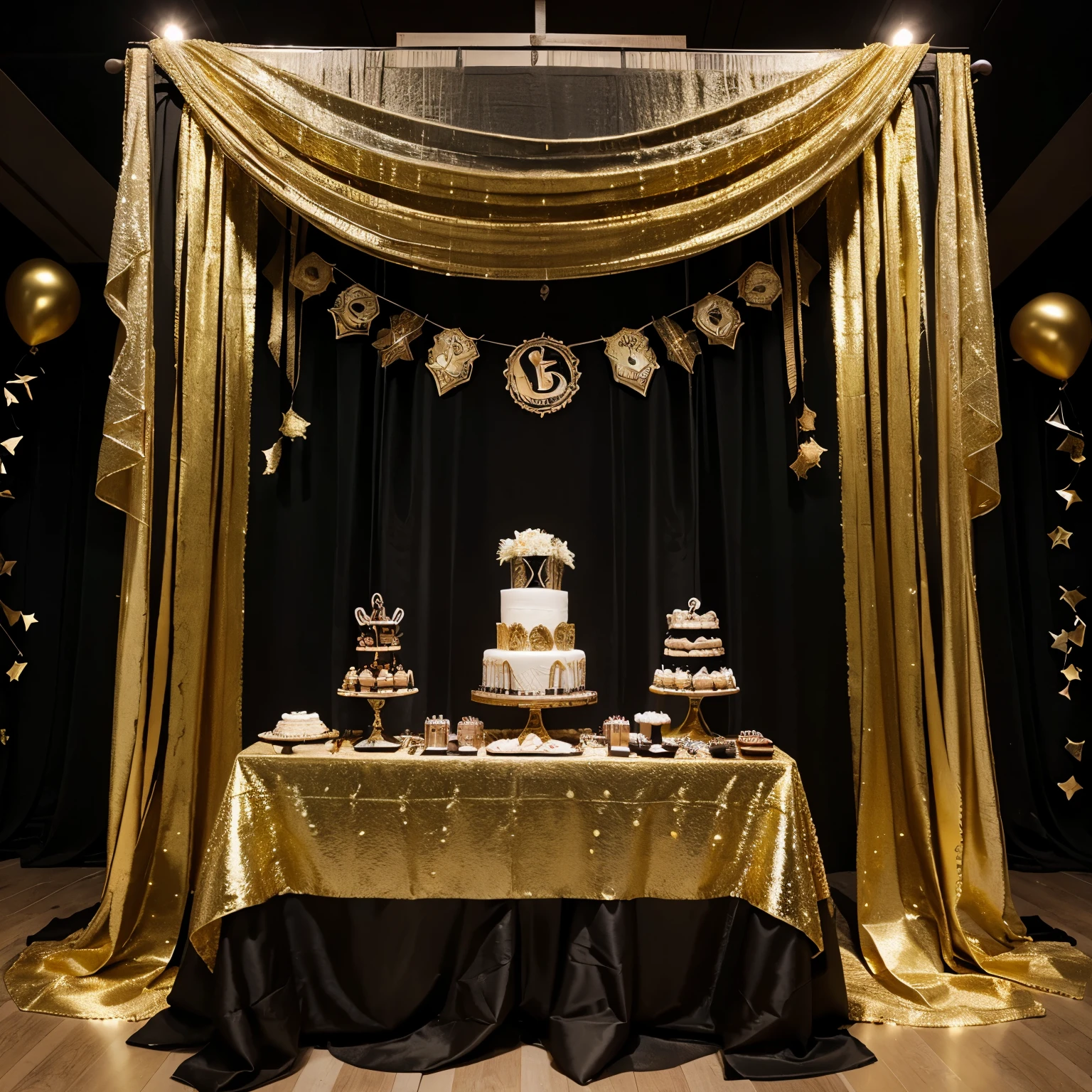Sweets table with black and gold balloons on top with two brown and one gold curtains in the center, con una herradura de caballo, mesa blanca pacas de eno con llantas de carreta