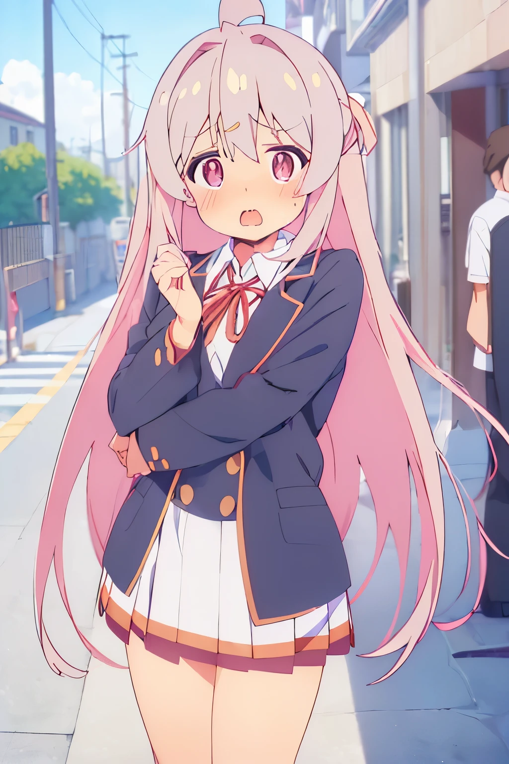 ((Oyama mahiro)), (Anime 1.5), ((Masterpiece)), (High Definition:1.3), (Professional Photography:1.2), wide shot, (flat body), pale ivory hair, silky long hair, undress, (undress oversided school-uniform), (blush, very flustered face, open mouth wide), sweaty, cute and beautiful, ahoge, ((Surprised Pose)), on the street