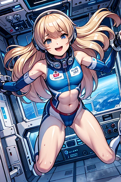 top-quality,Top image quality,in 8K,4K,​masterpiece,ultra-detailliert,Beautiful,ultra-quality, best quality,high resolution, ultra-detailed,game cg,dutch angle,(acrobatic pose):5,jumping:5,(inside spacestation,)beautiful detailed eyes,five fingers,headphone,nsfw,a beauty girl,(astrovest):5,(track uniforms),wet,(steam:1.5),Running form,open open mouth,(blonde hair),(long hair):2,Navel,space_station_interior, exercise_room, futuristic, high_technology, zero_gravity_exercise_equipment, high_resolution_landscape, sleek_design, minimalistic, 8K_resolution, game_cg_style, Dutch_angle, detailed_character, track_uniform, perfect_running_form, intense_expression, detailed_eyes, determination, steam:1.5, beauty, strength, five_fingers, visible_navel, open_mouth, ultra_quality, high_resolution, ultra_detailed,astrovest