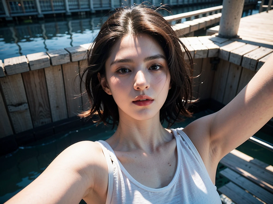 Realistic Photography, Beautiful Young Female ,Short hair ,river, extremely delicate and beautiful},Outstanding light and shadow, highly detailed wallpaper,Clear and bright sunlight, taking a selfie, solar eclipse on the background