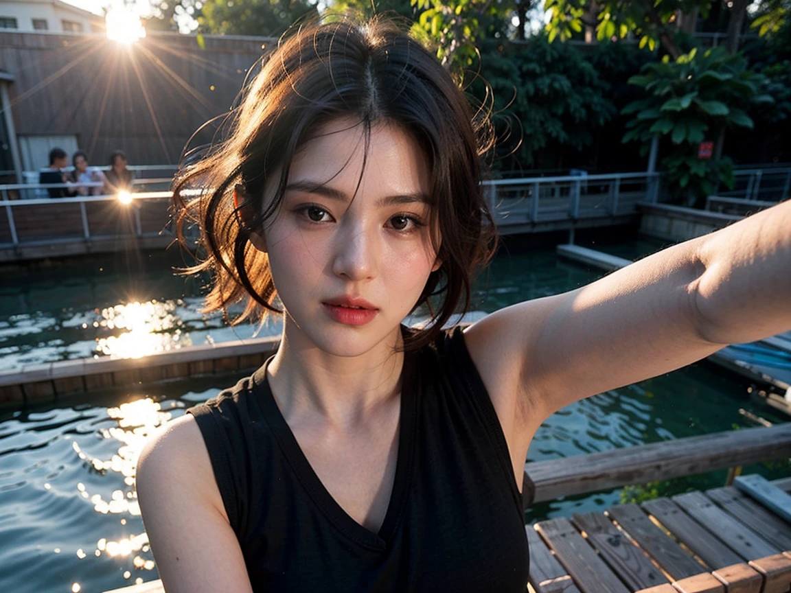 Realistic Photography, Beautiful Young Female ,Short hair ,river, extremely delicate and beautiful},Outstanding light and shadow, highly detailed wallpaper,Clear and bright sunlight, taking a selfie, solar eclipse on the background