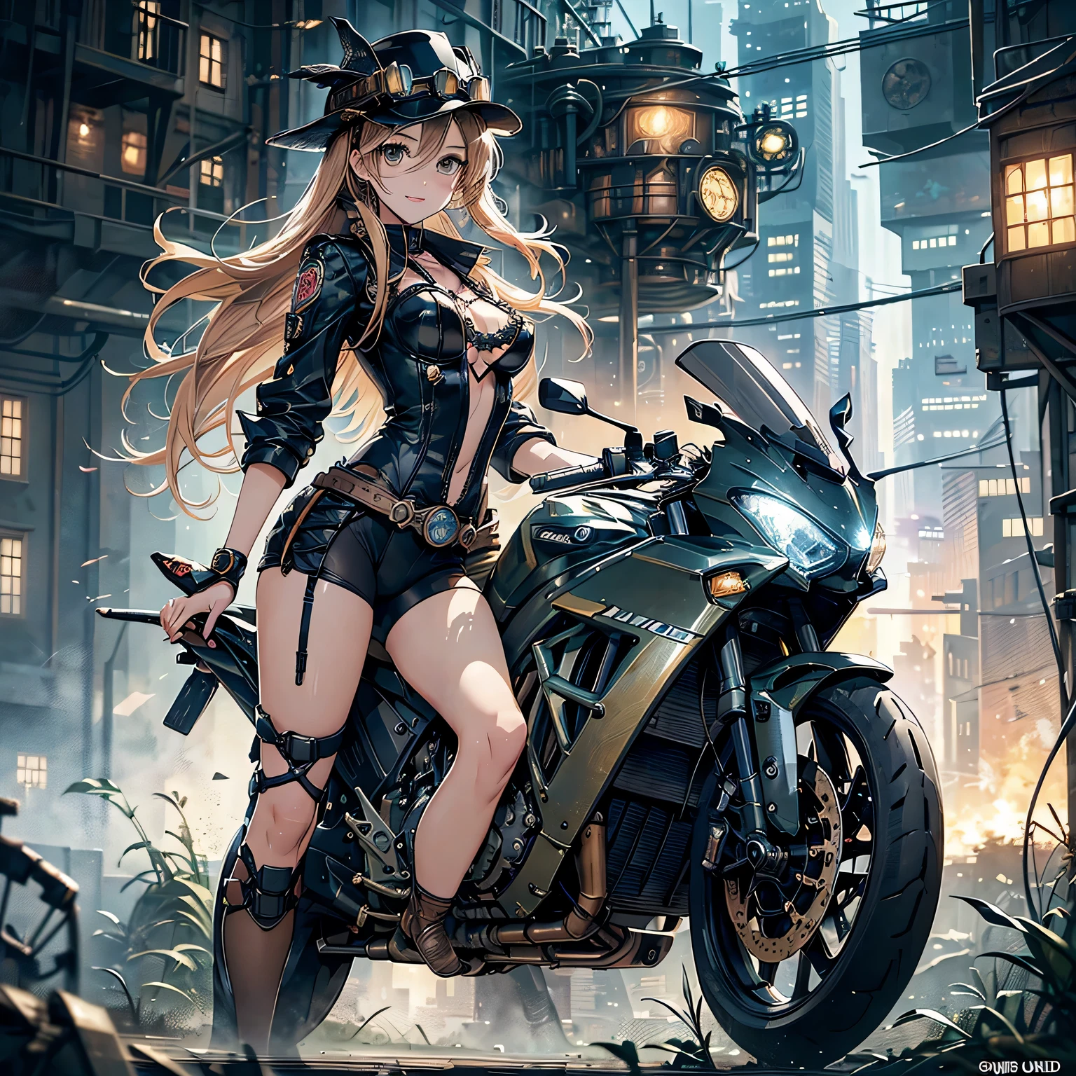 (comic book style),(line drawing_anime),(cowboy shot, highest quality, ),(Laura Budd Photos:1.2),(Laura Add Details:1.0),8K, flat color:0.8,1 girl,smile、(Steampunk bike ride 1.5)、Exquisitely decorated motorcycle、(Highly decorative and complex mechanical steampunk fashion, lace flare dolphin hat、goggles 1.5、machinery background、Gear background、Intricately mechanized steampunk cityscape 1.5),