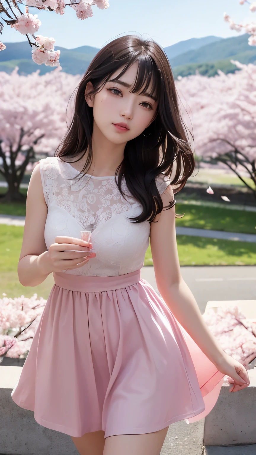 (A logo、masterpiece、8K、masutepiece、Raw photo、Fantastic、Best Quality、Photorealistic and ighly detailed CG integrated 8k wallpaper、hightquality、ighly detailed、epic poem、Particle effect、Dynamic effects、depth of fields、Cinematic Light、Lens Flare、Ray tracing)、Fantasia、 (Beauty 1 person、doress、Dress、Cherry blossom pattern、A dark-haired、Beautiful face、Real Face、beautiful details eyes beautiful skin)、my hair dances in the wind、Hair flutters in the wind、Hair jumps、Pink cherry blossom tree、Petals flutter、Sakura blizzard、Superb view、morning glow、Sun in the background、the wind、