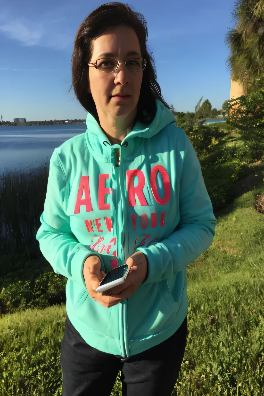 woman in a blue jacket holding a cell phone in front of a lake, she is holding a smartphone, super high resolution, very high resolution, back photo, side photo, 40-something woman, profile photo, 40-something woman years, profile photo. She is about 45 years old. Full body photo, clear photo, high quality, high resolution, masterpiece, 8K.