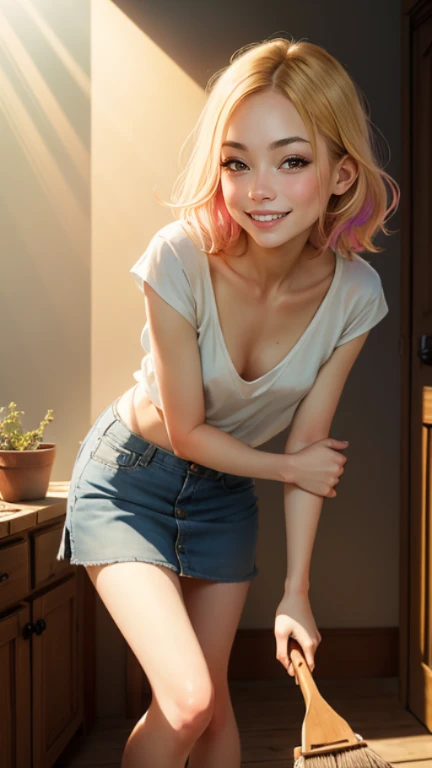 masterpiece, best quality, 2girls, (closeup1.3), 18yo teen, slim, small breast, short lskirt, cleaning a room, lode, smile, colorfull, desolate, sunny, (sun rays:1.3), watercolor,