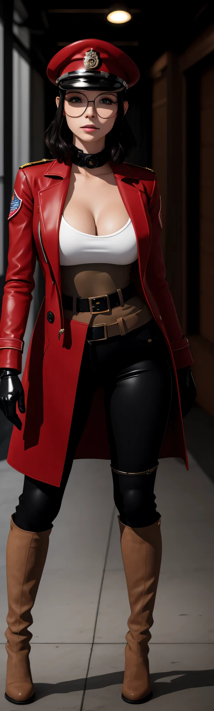 woman in red latex military dress coat, pants, gloves, red belt, knee boots, military cap, red necktie, makeup. Static, enface, solid background, full. back, Tilda, black hair, blue eyes, Big Breasts, tight clothing, Thigh highs,