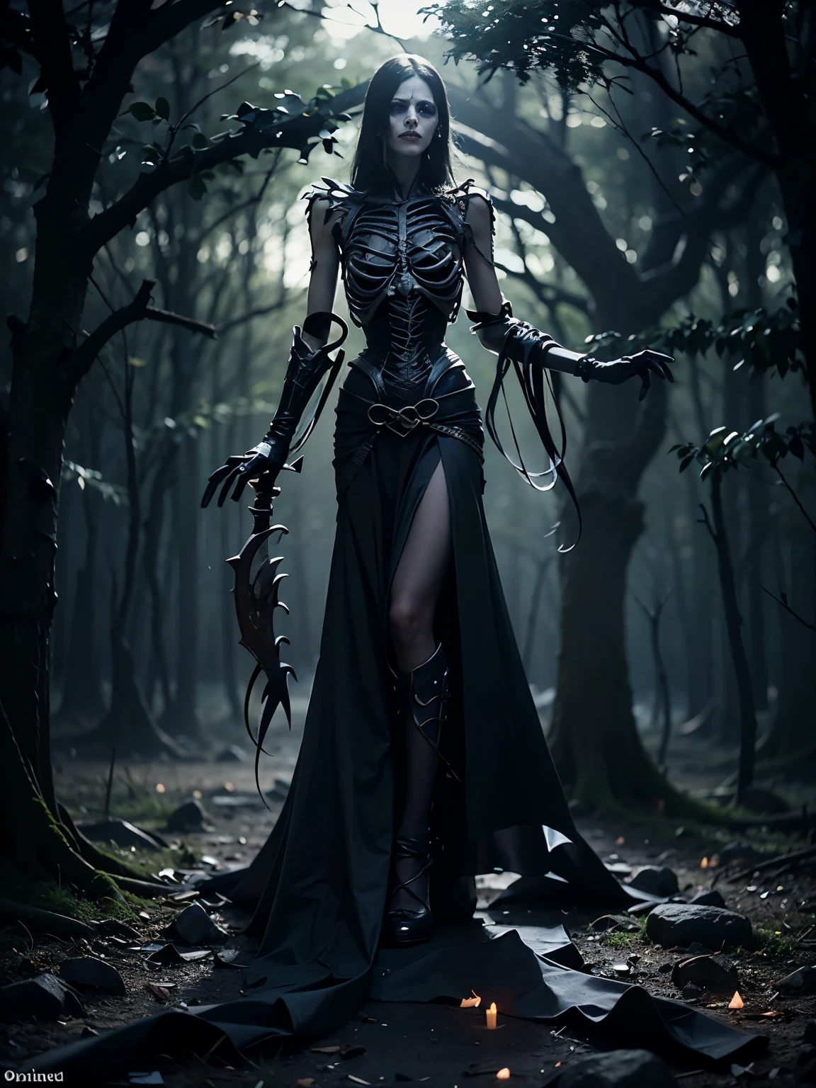 (best quality, ultra-detailed, realistic:1.37), death god, dark atmosphere, intricate skeletal structures, ethereal glow, flowing black cloak, immense scythe, empty eye sockets, skeletal hands, ominous presence, dramatic lighting, misty background, supernatural powers, haunting expression, chilling aura, spectral presence, foreboding vibe, otherworldly beauty, elaborate craftsmanship, sinuous ribbons, elusive essence, macabre elegance, spectral creatures, hauntingly beautiful, eternal guardian, transcendental being, eerie silence, bone-chilling power, hauntingly realistic, sinister energy, gothic aesthetics, mysterious atmosphere, ethereal realm, menacing presence, souls floating, enigmatic figure, hauntingly captivating, shadowy visage, eternal darkness, sorrowful whispers