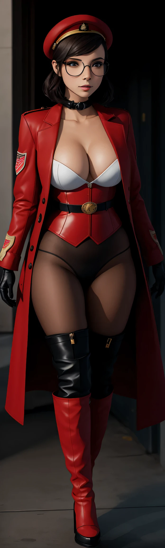 woman in red latex military dress coat, pants, gloves, red belt, knee boots, military cap, red necktie, makeup. Static, enface, solid background, full. back, Tilda, black hair, blue eyes, Big Breasts, tight clothing, Thigh highs,