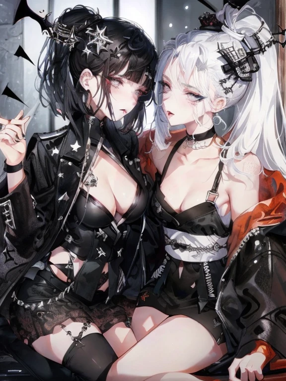 Two women kisasterpiece, best quality, high quality, ultra detailed, 1girl, looking at viewer, white hair, gray eyes, black lipstick, black shirt, sitting on a white floor, demon girl, gothcore, 1 7 - year - old, goth girl, japanese gothic, gothic punk style, black metal style, hands on head,.yurikiss、Girl kissing girl、