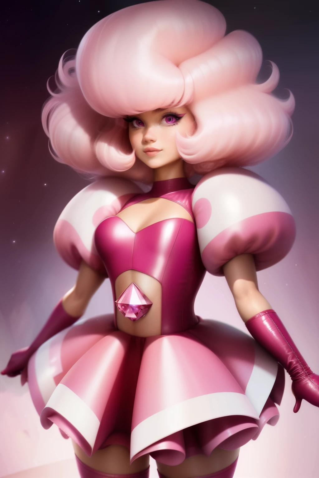 pnkdamond, pink hair, pink eyes, big hair, stomach gem, pink skin, toned,
puffy short sleeves, elbow gloves , white thighhighs, puffy dress,
standing, upper body,
outerspace,
(insanely detailed, beautiful detailed face,beautiful detailed eyes, masterpiece, best quality) cinematic lighting, smile,