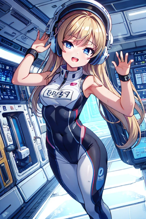 top-quality,Top image quality,in 8K,4K,​masterpiece,ultra-detailliert,Beautiful,ultra-quality, best quality,high resolution, ultra-detailed,game cg,dutch angle,(acrobatic pose):5,jumping:5,(inside spacestation,)beautiful detailed eyes,five fingers,headphone,nsfw,a beauty girl,(astrovest):5,(track uniforms),wet,(steam:1.5),Running form,open open mouth,(blonde hair),(long hair):2,Navel,space_station_interior, exercise_room, futuristic, high_technology, zero_gravity_exercise_equipment, high_resolution_landscape, sleek_design, minimalistic, 8K_resolution, game_cg_style, Dutch_angle, detailed_character, track_uniform, perfect_running_form, intense_expression, detailed_eyes, determination, steam:1.5, beauty, strength, five_fingers, visible_navel, open_mouth, ultra_quality, high_resolution, ultra_detailed,astrovest