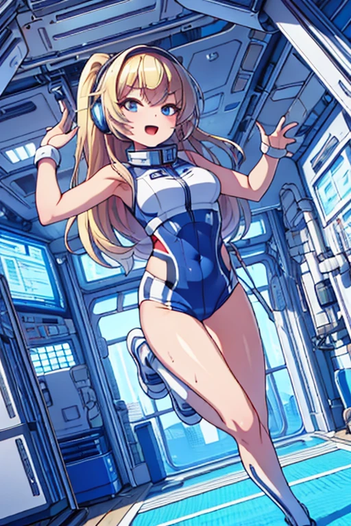 top-quality,Top image quality,in 8K,4K,​masterpiece,ultra-detailliert,Beautiful,ultra-quality, best quality,high resolution, ultra-detailed,game cg,dutch angle,(acrobatic pose):5,jumping:5,(inside spacestation,)beautiful detailed eyes,five fingers,headphone,nsfw,a beauty girl,(astrovest):5,(track uniforms),wet,(steam:1.5),Running form,open open mouth,(blonde hair),(long hair):2,Navel,space_station_interior, exercise_room, futuristic, high_technology, zero_gravity_exercise_equipment, high_resolution_landscape, sleek_design, minimalistic, 8K_resolution, game_cg_style, Dutch_angle, detailed_character, track_uniform, perfect_running_form, intense_expression, detailed_eyes, determination, steam:1.5, beauty, strength, five_fingers, visible_navel, open_mouth, ultra_quality, high_resolution, ultra_detailed,astrovest