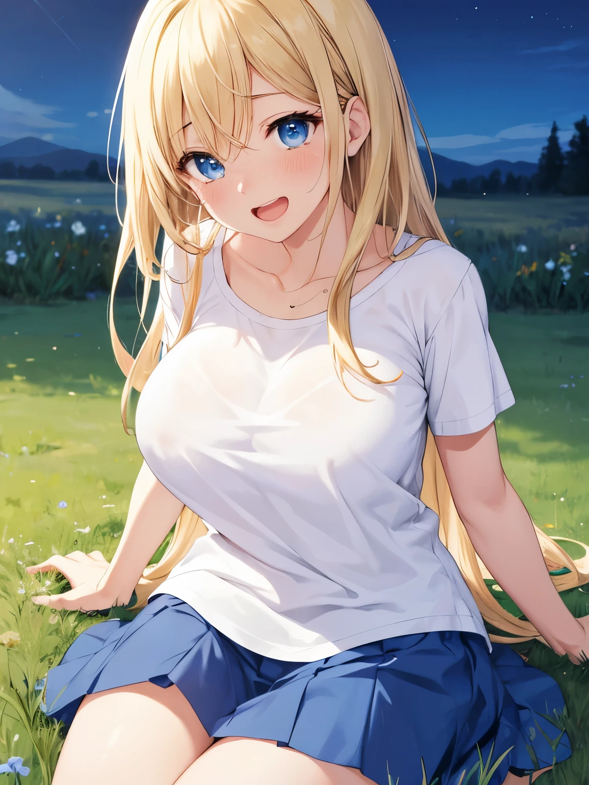 1woman,Sitting on the grass hill, at night, hysterical expression, screaming, crying, Open mouth, visible teeth, thin mouth, thin lips,tears coming out,super beautiful,cute,very detailed face, HD face, perfect face,white t-shirt,short sleeve t-shirt,blue mini skirt, ruffle skirt,very big breasts,Blonde hair,long hair,straight hair,bangs,blue eyes,ultra detail,ultra Hd, masterpiece,4k