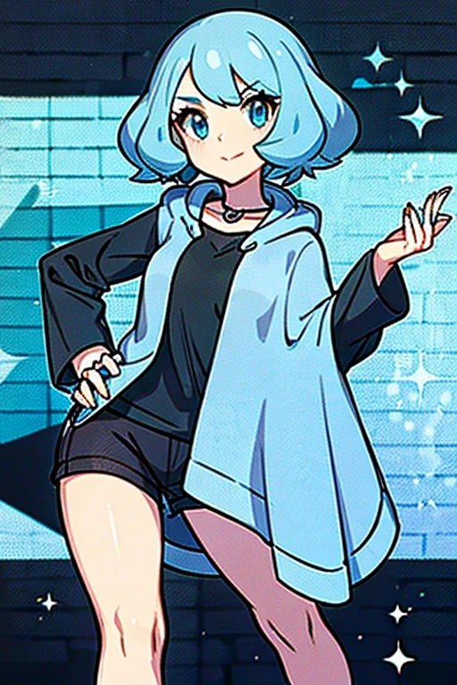 mature woman with short, wavy, light blue hair. wearing a black poncho, black shorts pokemon trainer no hat