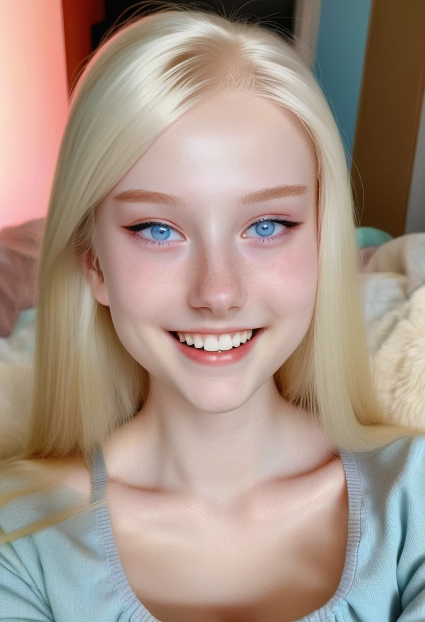 Ultra realistc Nordic girl, blonde Platinum hair, cheerful asian light blue eyes, 18 years old, sweet pale face, young face, perfect pale skin, smile showing her teeth, perfect little nose, realistic, sweet girl, 4k