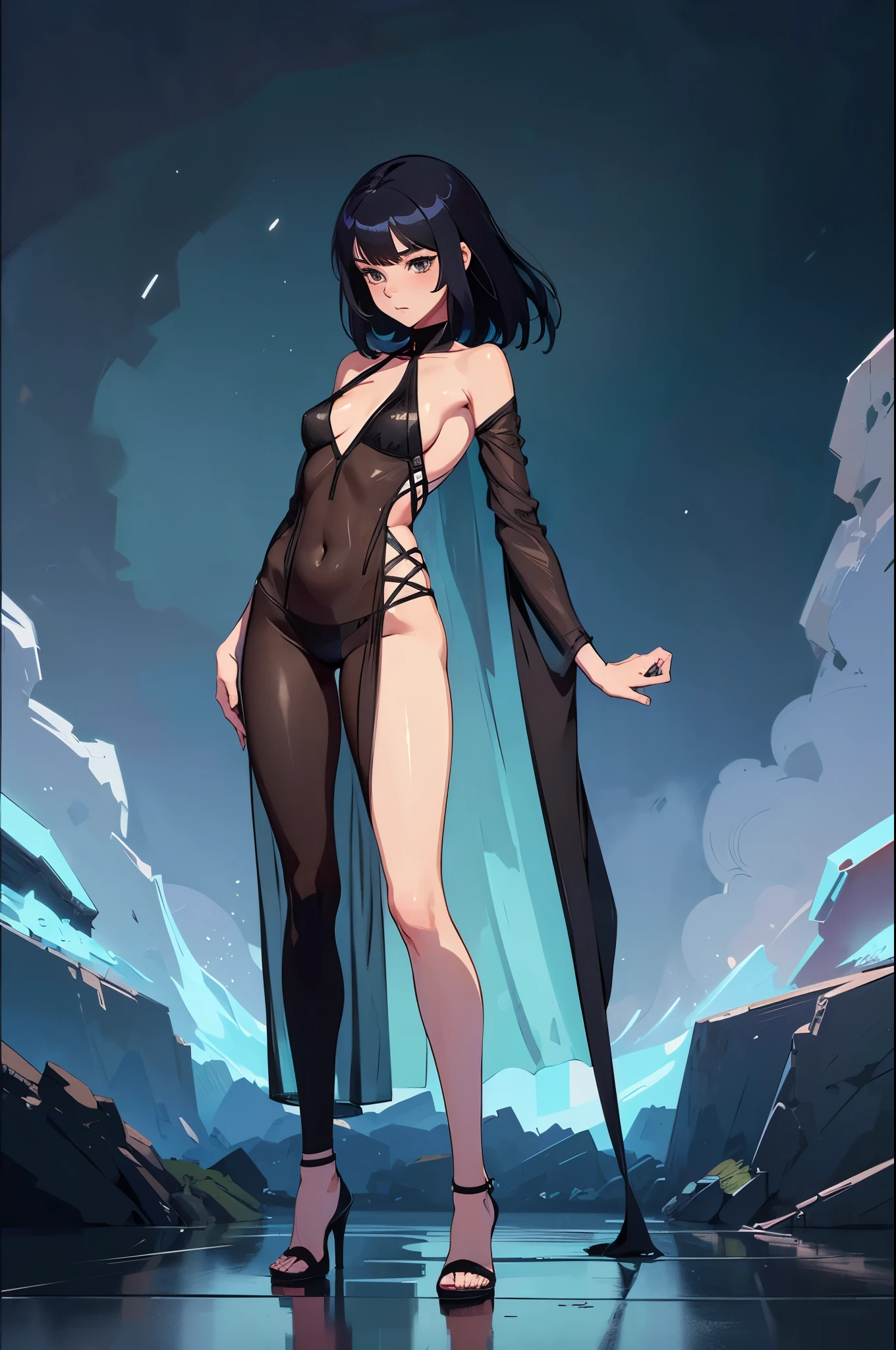 a sexy woman, (best quality), (masterpiece), (1girl), slim, anime, tall, (front view ), (flat chested), (see through clothes), (pubic hair), (full body view)