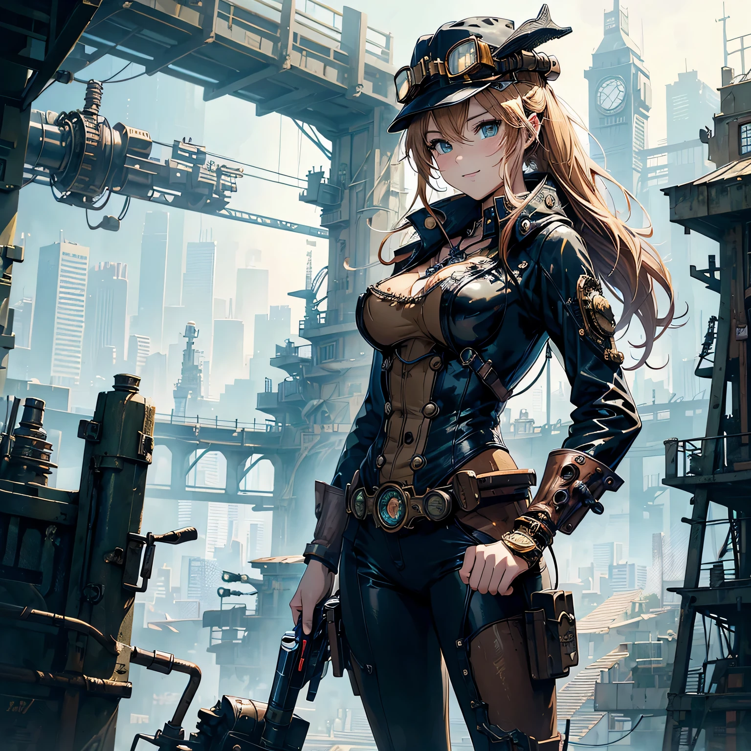 (comic book style),(line drawing_anime),(cowboy shot, highest quality, ),(Laura Budd Photos:1.2),(Laura Add Details:1.0),8K, flat color:0.8,1 girl,smile、(Steampunk bike ride 1.5)、Exquisitely decorated motorcycle、(Highly decorative and complex mechanical steampunk fashion, lace flare dolphin hat、goggles 1.5、machinery background、Gear background、Intricately mechanized steampunk cityscape 1.5),