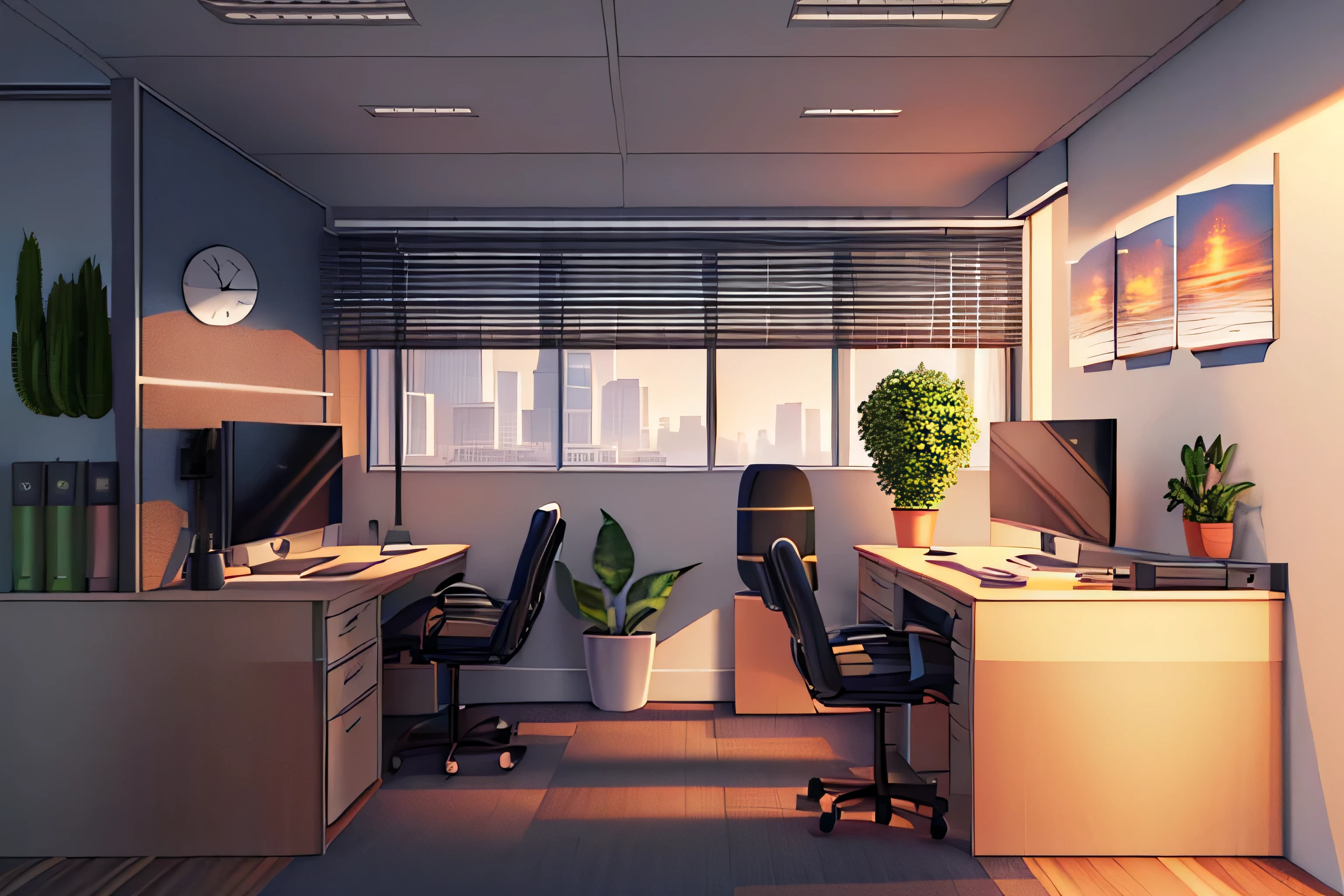 there is a desk with a computer and a plant in the corner, office background, corner office background, detailed 2d illustration, corporate animation style, flat illustration, commercial illustration, office cubicle background, 2d illustration, 2 d illustration, offices, interior background art, shaded flat illustration, office room interior, vector illustration, environment design illustration