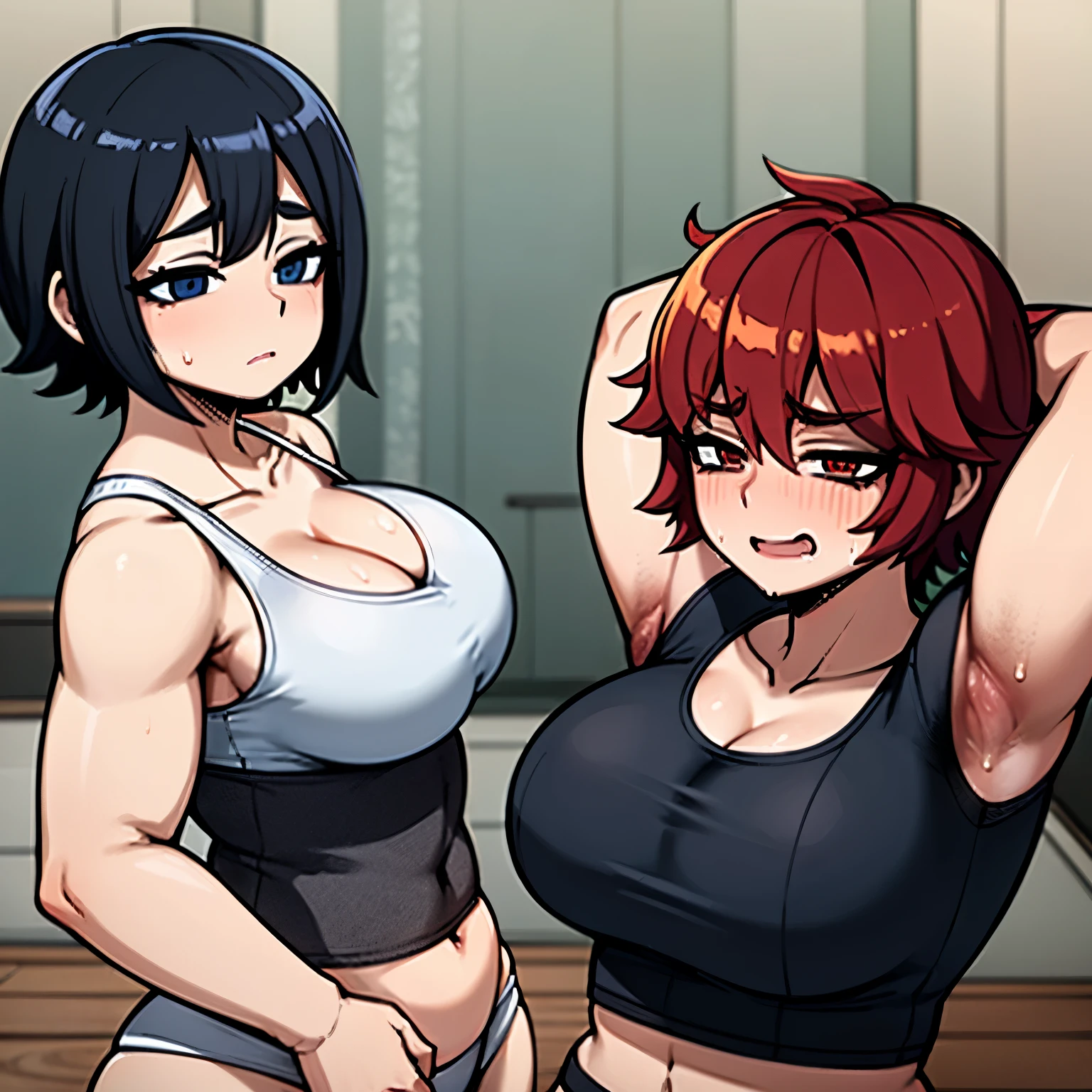 (highest quality:1.2),(perfect beautiful face:1.2),(perfect and beautiful posture:1.2),(Three Japanese women standing side by side,((short cut hair:1.2), (thick eyebrows:1.0), Female bodybuilder with armpit odor:1.1),(Chubby:0.8), Rin々new expression, (Sweaty, sunburned skin:1.0), thick muscles), ((sports bra),(sweat stain:1.2),Sporty panties), lie down in bed, close-up of armpit, mouth open sloppily, Drooling