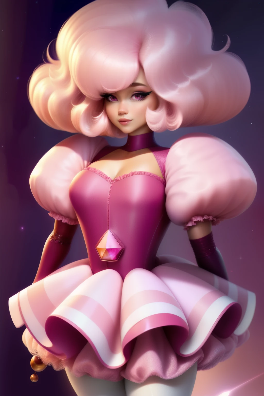 pnkdamond, pink hair, pink eyes,  big hair,  stomach gem,  pink skin,  toned, 
puffy short sleeves, elbow gloves ,  white thighhighs,   puffy dress, 
standing, upper body, 
 outerspace,  
(insanely detailed, beautiful detailed face,beautiful detailed eyes, masterpiece, best quality) cinematic lighting,  smile, 
 