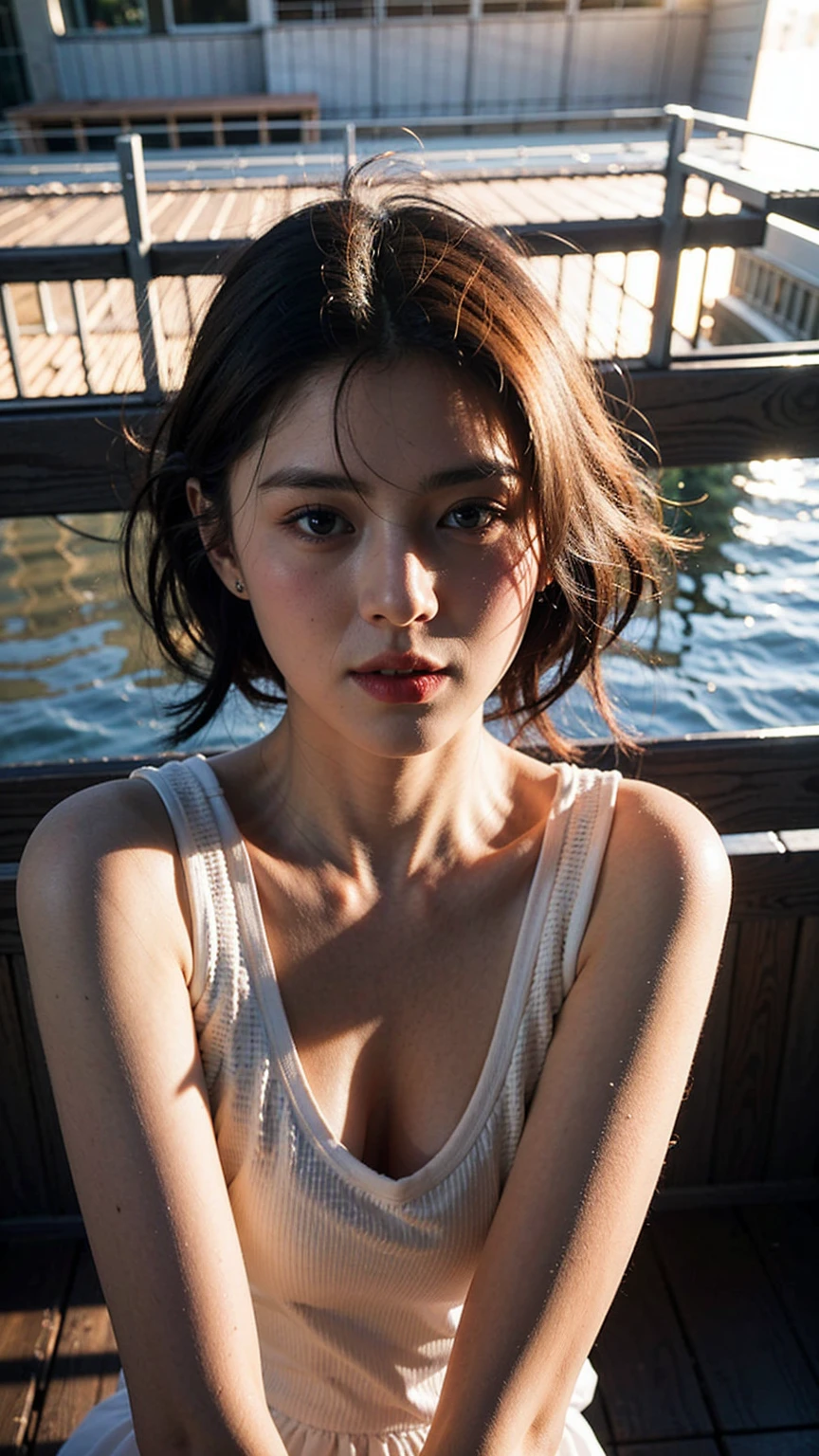 Realistic Photography, Beautiful Young Female ,Short hair ,river, extremely delicate and beautiful},Outstanding light and shadow, highly detailed wallpaper,Clear and bright sunlight, taking a selfie, solar eclipse on the background