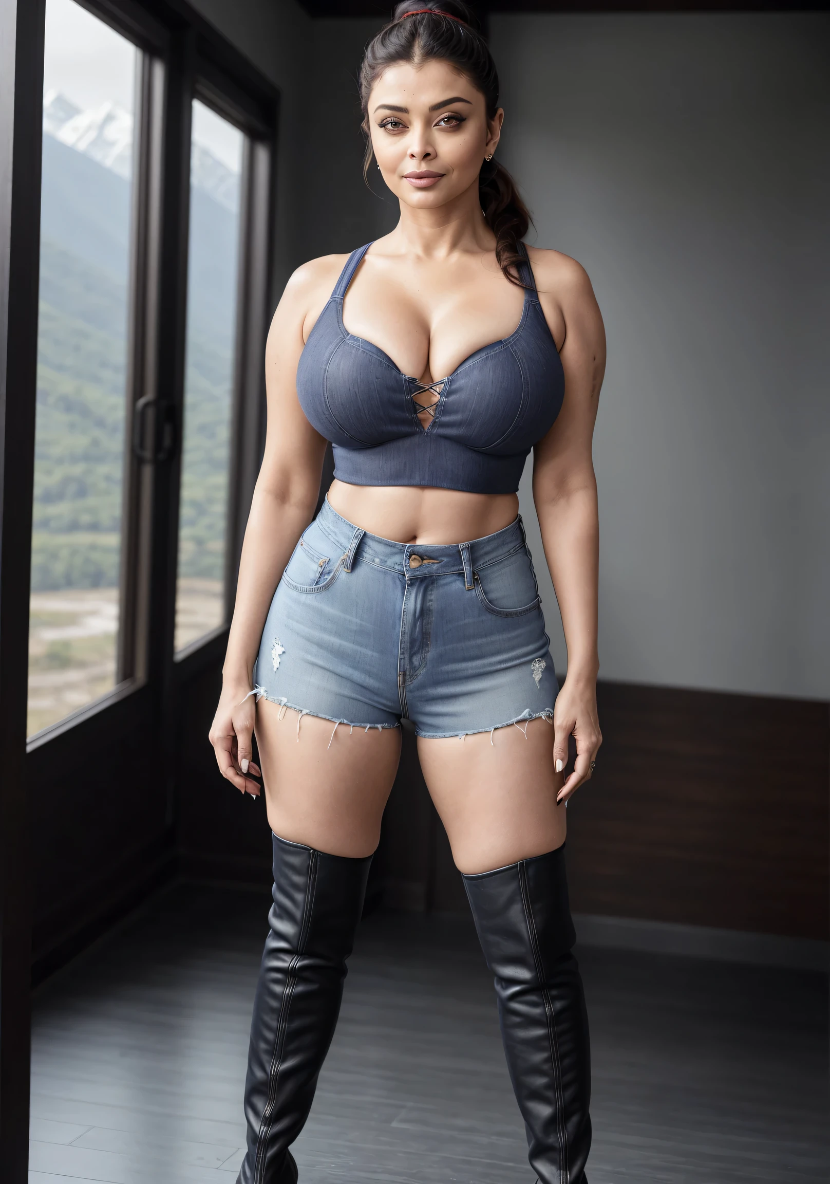 50 year old mature MILF Aishwarya Rai, sexy boss lady, denim mini shorts and tight micro crop top, ((exposing thighs)), knee high boots, deep cleavage show, ((high ponytail hair)), curvaceous athletic milf body, hourglass milf figure, ((perfect breasts)), seducing pose, posing in mount everest, sunny day scene, soft volumetric lights, intricate details, (ArtStation:1.2)