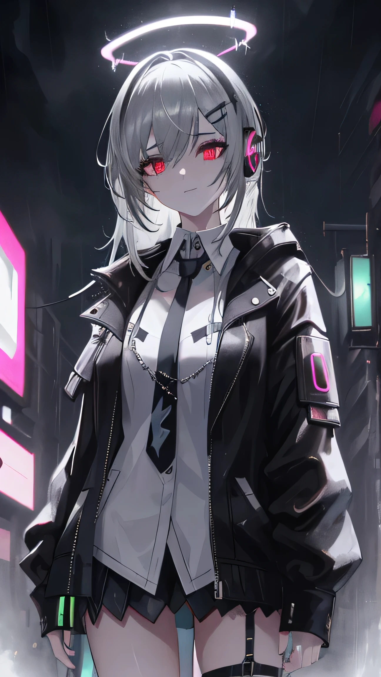 A highly detailed portrait of a solo 1girl standing on a street corner, during a rainstorm with lightning strikes and a cloudy sky, neon and cyberpunk background, she is wearing punk clothes with silver chains and silver spikes, she has a butterfly wing hairclip in her wild hair, she has headphones and a necktie on, , detailed glowing red eyes with distinct pupils, ominous aura Halo, smile, punk, cyberpunk, backlighting, masterpiece, best quality, intricate detail, absurdres, chromatic aberration, depth of field, soft lighting, tone mapped, highly detailed, artstation, concept art, smooth, sharp focus, dramatic lighting, highly detailed artwork, cinematic, trending on Artstation, 8K, incredible shadows, (highly detailed background:1.0)