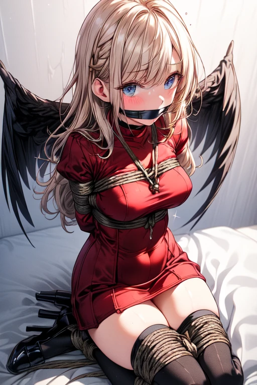 Shiny blond hair, very long hair, sophisticated haircut, (hair fully braided), (small twisted braids:1.1), thin and oval face, submissive, (detailed ball-gagged:1.3), (gagged), (very transparent red dress:1.5), (we can see her skin through her transparent dress:1.5), (transparent lingerie:1.5) cute and blushing 18 years old anime girl, look away because she is embarrassed and blushes, bright blue eyes, detailed face, detailed members, detailed arms, detailed hands, (sparkling diamond jewelry), tiara, (makeup), high heels, puffy sleeves, long gloves, long eyelashes, Girl lying, tied by ropes, shackled, can no longer move, tied tightly, very hard tied up with lots of ropes, hampered by so many ropes that she can no longer move, bound hands and feet, ropes tie his whole body, tied extremely tightly and forcefully to her bed by a lot of ropes, its limbs are strongly tied together by ropes, his torso is tied up with thick cords, her chest is so tied up with ropes that it sticks out, her legs are tied tightly with thick ropes, his hands are tied behind his back with ropes, she can no longer move her feet, her hands which are tied by thick ropes, she desperately tries to free herself, likes to be tied tight with big ropes, likes to be immobilized by big ropes, lying down, his hands and feet are strongly tied to the railing of his bed, his legs are pressed together and tied with ropes, its limbs are held vigorously by imposing ropes, her hands are tied securely behind her back by ropes, her chest is compressed by strong ropes, she is pressed against her bed and restrained by large ropes (shibari, arms behind the back:1.4), (hands on the back), (masterpiece, best quality) 1.5, 1girl, solo, (sexy, beautiful woman, perfect face, perfect eyes, perfect hands), samus aran, (shibari, arms behind the back:1.4), (hands on the back), Spread the legs, s' (lie in bed by big ropes), (close up of the girl), (lie in bed:1.4)