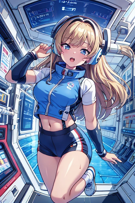 top-quality,Top image quality,in 8K,4K,​masterpiece,ultra-detailliert,Beautiful,ultra-quality, best quality,high resolution, ultra-detailed,game cg,dutch angle,(acrobatic pose):5,jumping:5,(inside spacestation,)beautiful detailed eyes,five fingers,headphone,nsfw,a beauty girl,(astrovest):5,(track uniforms),wet,(steam:1.5),Running form,open open mouth,(blonde hair),(long hair):2,Navel,space_station_interior, exercise_room, futuristic, high_technology, zero_gravity_exercise_equipment, high_resolution_landscape, sleek_design, minimalistic, 8K_resolution, game_cg_style, Dutch_angle, detailed_character, track_uniform, perfect_running_form, intense_expression, detailed_eyes, determination, steam:1.5, beauty, strength, five_fingers, visible_navel, open_mouth, ultra_quality, high_resolution, ultra_detailed,astrovest