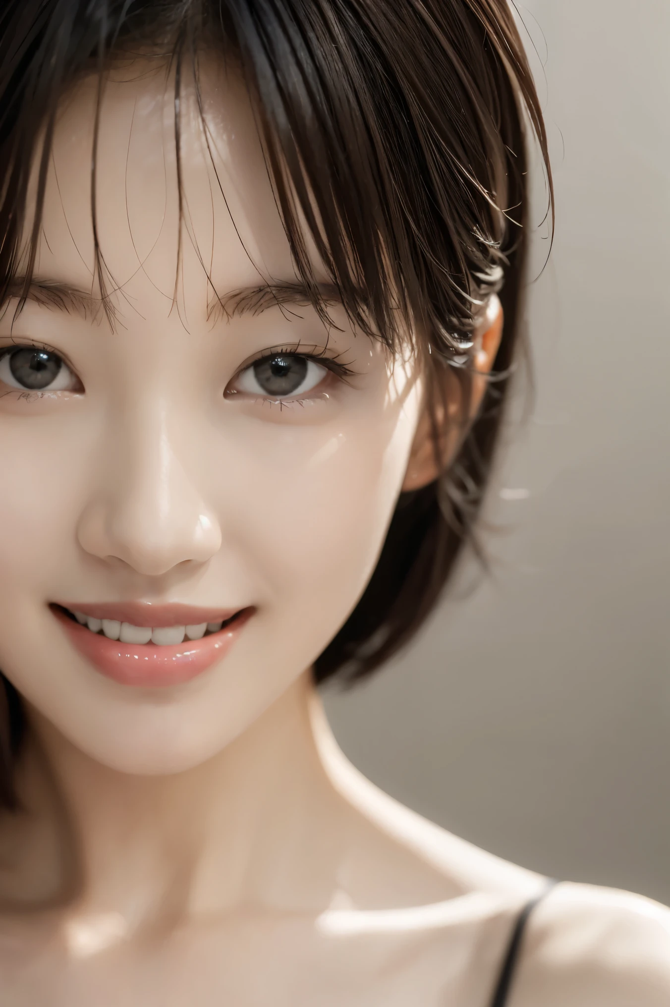 (top-quality、masutepiece:1.4)、Hyperreal Stick:1.4、Perfect Anatomy、A pretty woman with perfect figure:1.4、dark brown hair、Colossal tits、Sleeping in the bedroom、extremely detailed face and skin、A detailed eye、二重まぶた、top-quality、​masterpiece、(Photorealsitic:1.4)、１Man Woman、Golden ratio、high-angle shot、Kamimei、low  angle shot、face perfect、Beautiful figure、kawaii faces、Close-up of the face、Zoom in on face、a short bob、short-hair、Smiling from different angles、A smile、The sheen、Highlight、Gloss、Lame on skin、Lustrous for skin、Wet skin、Wet、bangss、Smile cutely、Bust、off shoulders、Refreshing charm、Full of elegance、perfect hand、Smile from an angle、A smile、The sheen、Highlight、Lustrous skin、bangss、Bust、Colossal tits、Off-shoulder with warm tones、Refreshing charm、Put your ears out、Gaze to the camera、Poses from different angles
