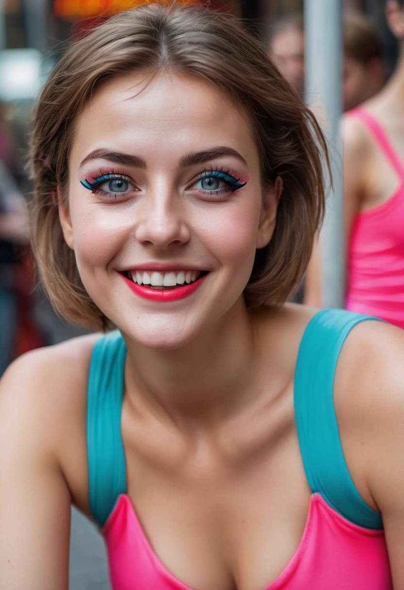 8K, Best quality, Meisterwerk, Ultra high resolution, (Realismus: 1.4), Originalfoto, (realistische Hautstruktur: 1.3), (Filmkorn: 1.3), (Selfie-Winkel), 1 girl, Beautiful eyes and facial details, Meisterwerk, Best quality, Full body shot, den Betrachter anschauen, langes glatter roter messy bob, grosse Brust, dezentes Make-Up mit Eyeliner, embarrassed smile, 1980s neon spandex aerobic outfit , street photography