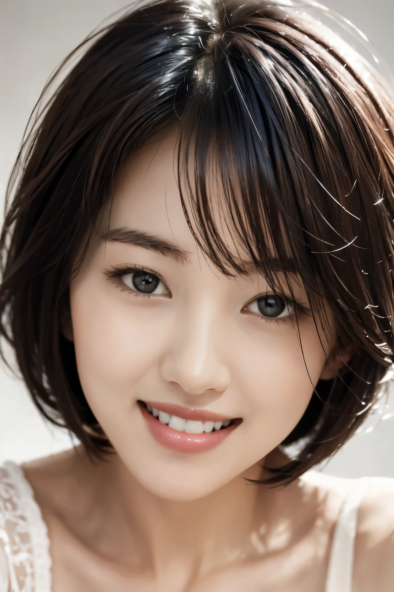 1 girl, solo, smiling, happy: 1, short bob, hair, straight bangs, looking at the viewer, brown eyes, looking at the viewer, in the studio, pure gray background, detailed skin, detailed face, studio light, parted lips, lips, bare shoulders, (black hair), (close-up), lips close-up, face close-up