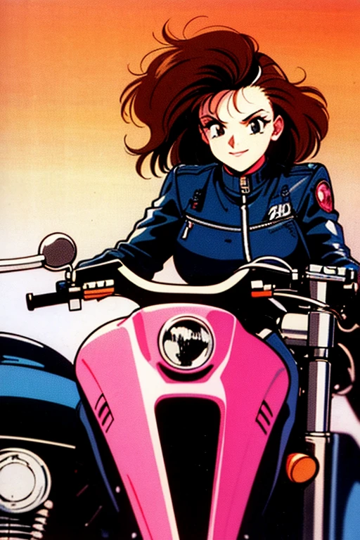1990s (style), 1980s (style), retro artstyle, muted colors, a girl, brown hair, black eyes, wavy hair, neutral lipstick, smiling mouth closed, biker clothes,  motorcycle, cyberpunk, 2077, best quality, masterpiece.