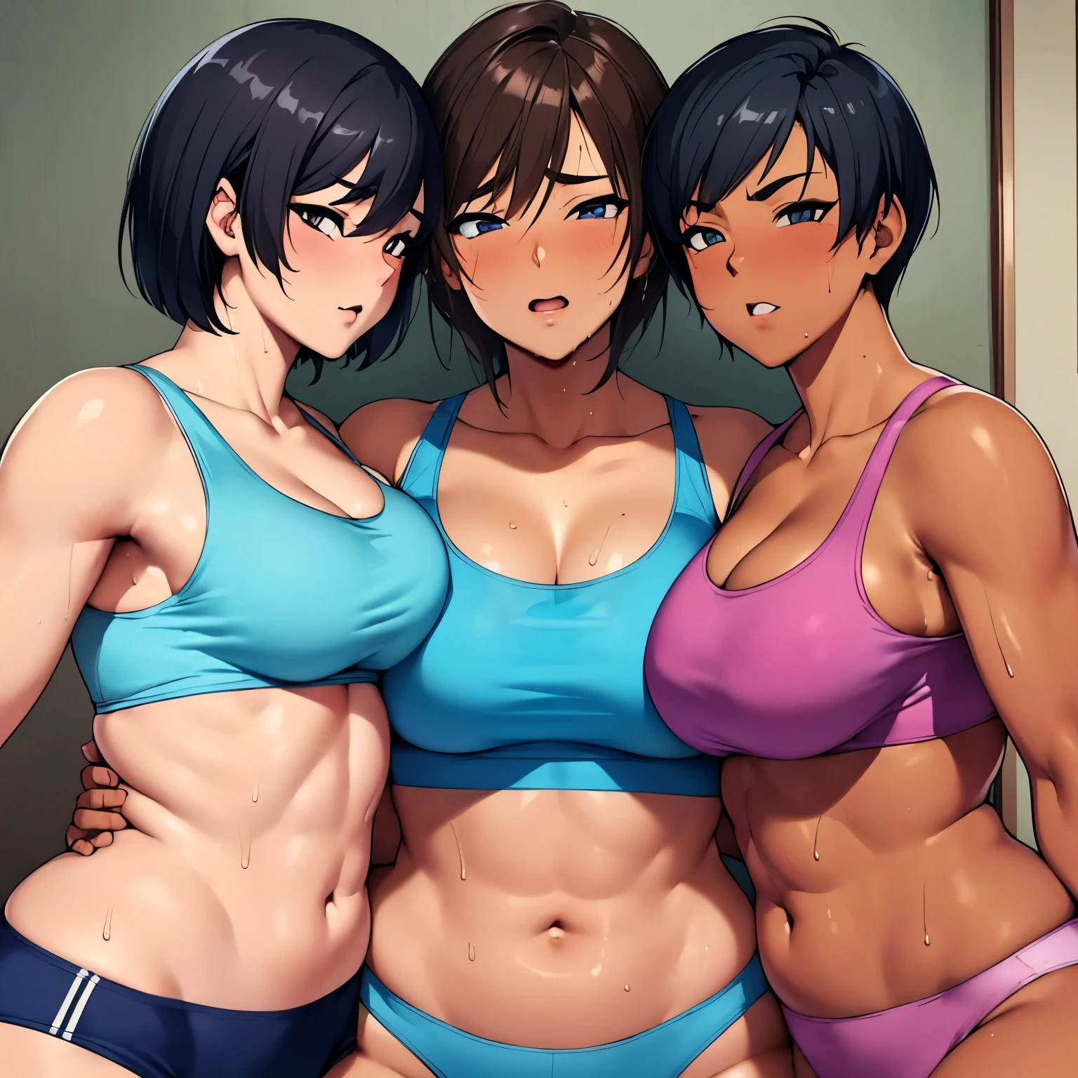 (highest quality:1.2),(perfect beautiful face:1.2),(perfect and beautiful posture:1.2),(Three Japanese women standing side by side,((short cut hair:1.2), (thick eyebrows:1.0), Female bodybuilder with armpit odor:1.1),(Chubby:0.8), Rin々new expression, (Sweaty, sunburned skin:1.0), thick muscles), ((sports bra),(sweat stain:1.2),Sporty panties), lie down in bed, close-up of armpit, mouth open sloppily,　Drooling