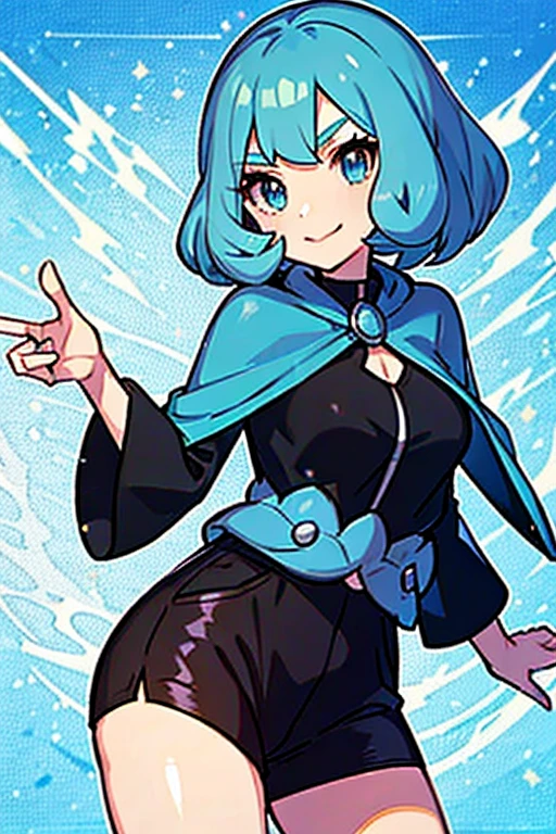 mature woman with short, wavy, light blue hair. wearing a black poncho, black shorts pokemon trainer no hat