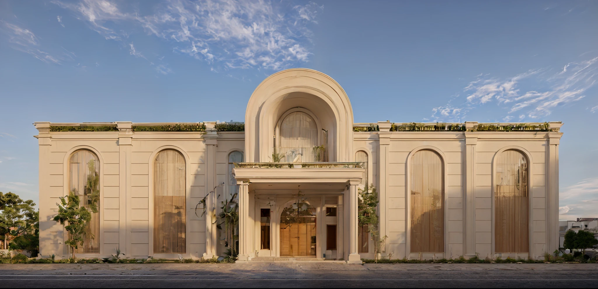 ultra realistic, masterpiece, best quality, raw photo, supper detail, 8k, exterior scene, blue sky with few clouds, (classical style), (Glass dome doors and windows alternate with solid walls), fresh scenery with green trees and flowers in front of the house , symmetry, (white color wall), (the ground has green grass)