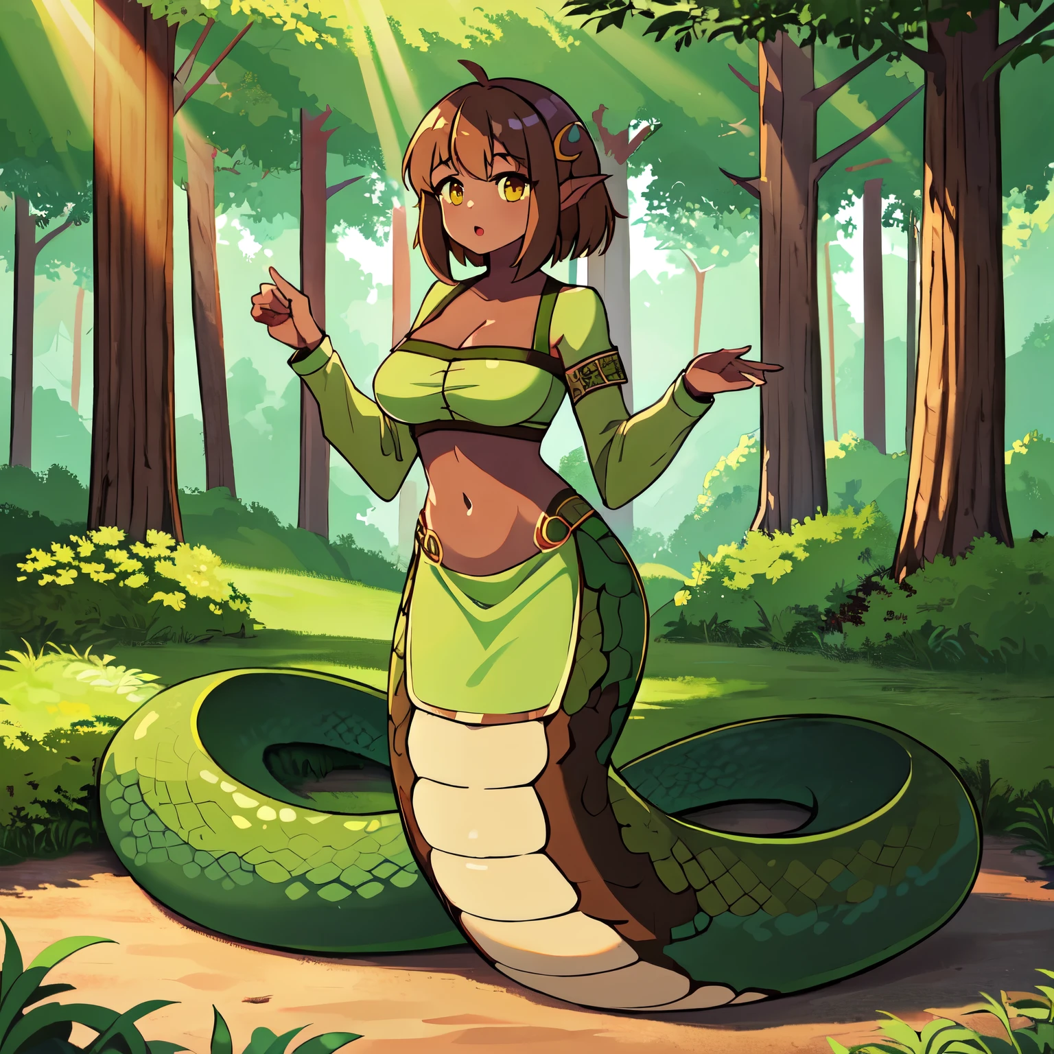 ((1girl)), brown hair hair, brown skin, lamia, olive-green scales, silky tail, best quality, high quality, highres, full body, wallpaper, masterpiece, 4k, 8k, standing, feminine clothing, forest, 