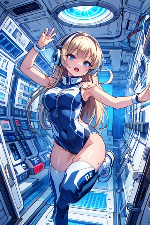 top-quality,Top image quality,in 8K,4K,masterpiece,ultra-detailliert,Beautiful,ultra-quality, best quality,high resolution, ultra-detailed,game cg,dutch angle,(acrobatic pose):5,jumping:5,(inside spacestation,)beautiful detailed eyes,five fingers,headphone,nsfw,a beauty girl,(astrovest):5,(track uniforms),wet,(steam:1.5),Running form,open open mouth,(blonde hair),(long hair):2,Navel,space_station_interior, exercise_room, futuristic, high_technology, zero_gravity_exercise_equipment, high_resolution_landscape, sleek_design, minimalistic, 8K_resolution, game_cg_style, Dutch_angle, detailed_character, track_uniform, perfect_running_form, intense_expression, detailed_eyes, determination, steam:1.5, beauty, strength, five_fingers, visible_navel, open_mouth, ultra_quality, high_resolution, ultra_detailed,astrovest