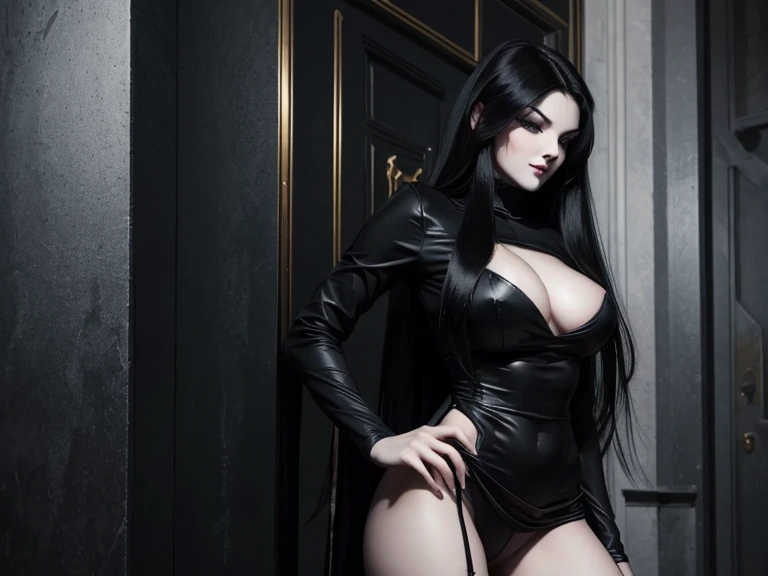 Realistic, Best quality, insane quality, hot 18 years old girl, goth makeup, very long black hair, cute face, seductive look, sexy look, looking at the viewer, seductive smile, sexy long flowing black dress, very pale gray skin, very white grey skin, hot tall and slim body (Anatomically correct proportions ), sexy position,(( hot body with big pretty tits showing, long sleeve)), thick thighs, realistic pretty butt crack, erotic pose, long flowing silky hair, 4k