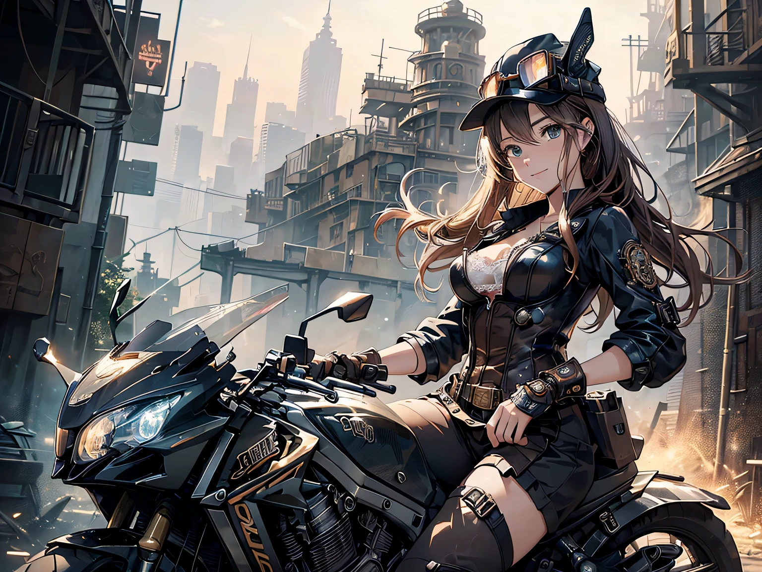 (comic book style),(line drawing_anime),(cowboy shot, highest quality, ),(Laura Budd Photos:1.2),(Laura Add Details:1.0),8K, flat color:0.8,1 girl,smile、(Steampunk bike ride 1.5)、Exquisitely decorated motorcycle、(Highly decorative and complex mechanical steampunk fashion, lace flare dolphin hat、goggles 1.5、machinery background、Gear background、Intricately mechanized steampunk cityscape 1.5),