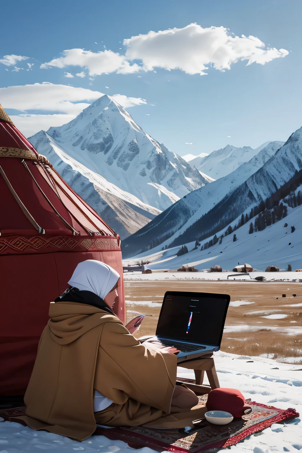 Against the backdrop of a Kyrgyz yurt and mountainous terrain, a woman in a hijab holds a MacBook in her hands. This image combines traditional elements of Kyrgyz culture with modern technology, reflecting the harmony between the past and the present. It illustrates the fusion of cultures and progress, which is an important aspect of modern society