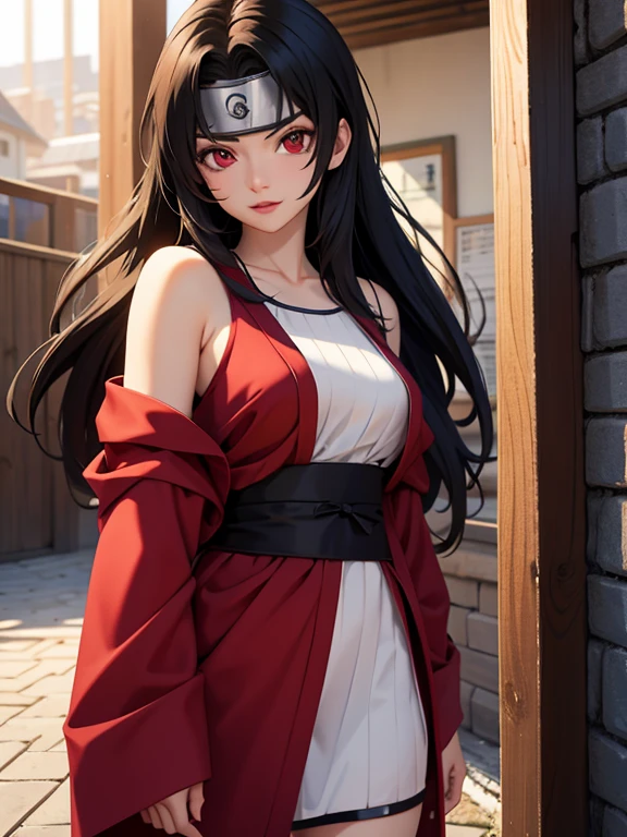 nar_kurenai_yuhi，forehead protection，vendas，cuerpo completoesbiano，ojos rojos，wariza，vestimenta fuera del hombro，escote，